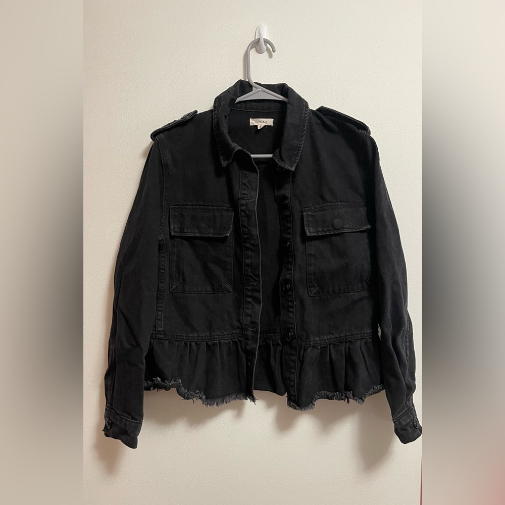Gilli - Women’s Ruffle Peplum Raw‎ Hem Black Button Up Denim Jacket - Size S